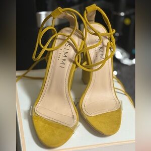 SIMMI London Tifany Mustard Suede Clear Lace Up Block Heels